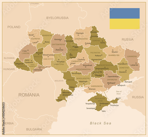 Ukraine - detailed map of the country in brown colors, divided into regions. Vector illustration