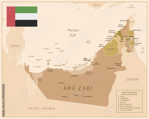 United Arab Emirates - detailed map of the country in brown colors, divided into regions. Vector illustration