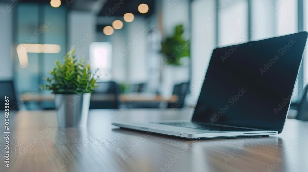 Open laptop on a wooden desk in a bright, modern office setting, accompanied by a small potted plant, reflecting workplace minimalism. Open laptop on a wooden desk in a bright, modern office setting, accompanied by a small potted plant, reflecting workplace minimalism.