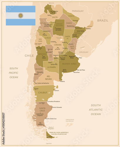 Argentina - detailed map of the country in brown colors, divided into regions. Vector illustration