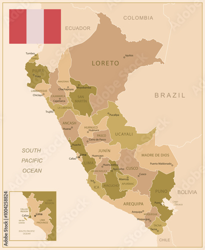 Peru - detailed map of the country in brown colors, divided into regions. Vector illustration