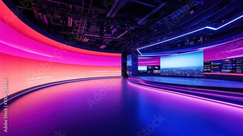 sleek, futuristic television studio with expansive curved led screens. dynamic lighting and minimalist set design create a high-tech backdrop for news broadcasting.