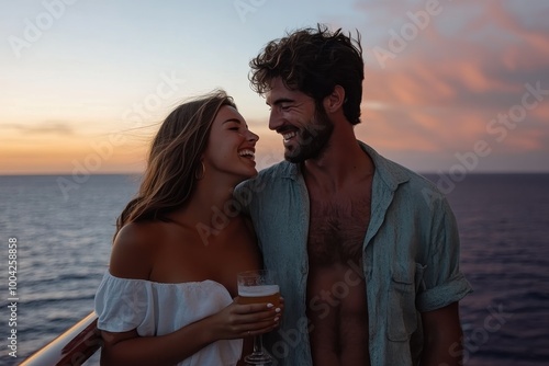 A couple leans on a cruise ship's balcony, enjoying the breathtaking sunset over the ocean, capturing a romantic moment filled with love and tranquility. photo