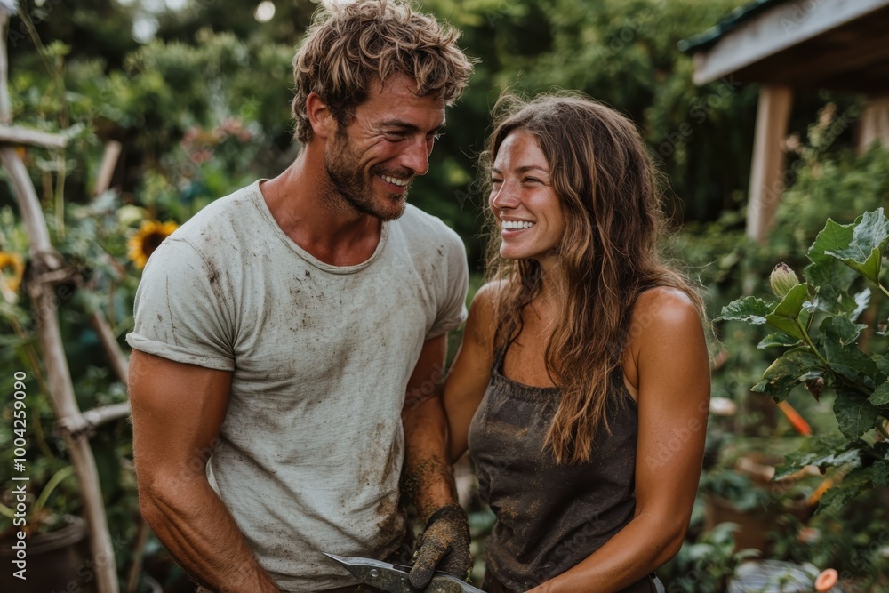 In an active gardening scene, a couple is seen smiling widely, their hands dirty from tending to plants. The greenery around adds vibrancy and life to the image.