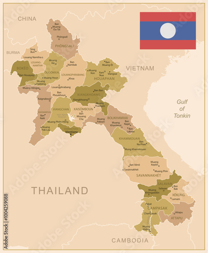 Laos - detailed map of the country in brown colors, divided into regions. Vector illustration