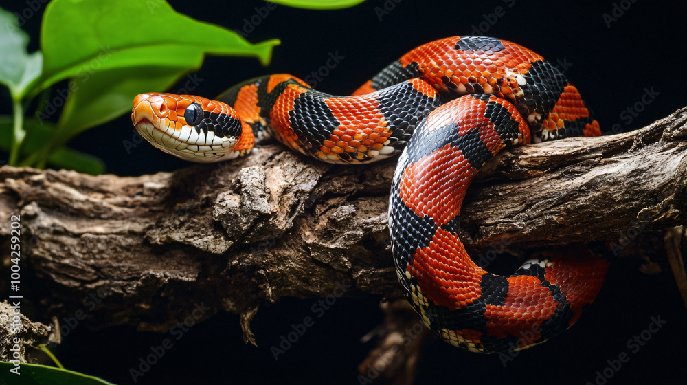 A striking coral snake resting on a branch A striking coral snake resting on a branch