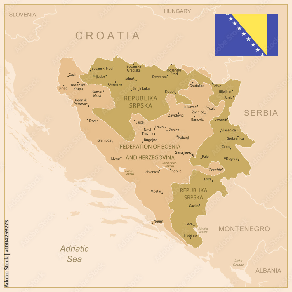 Obraz premium Bosnia and Herzegovina - detailed map of the country in brown colors, divided into regions. Vector illustration