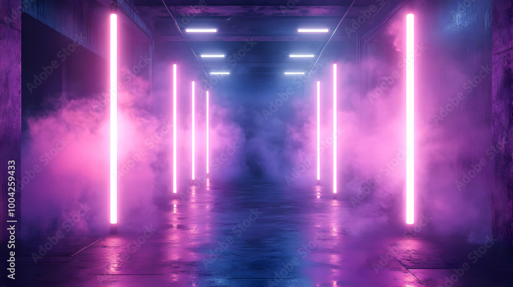 Purple and Blue Neon Lights in a Smoky Corridor 3D Illustration Purple and Blue Neon Lights in a Smoky Corridor 3D Illustration