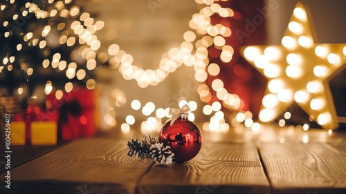Red christmas ornament with pine cone on wooden table, warm bokeh lights and festive decor in cozy Holiday Interior - christmas tree lights