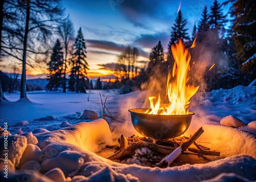 Wallpaper Mural Cozy Winter Night with Metal Bowl Fire Outdoors, Flames and Smoke Rising in a Cold Evening Setting Torontodigital.ca