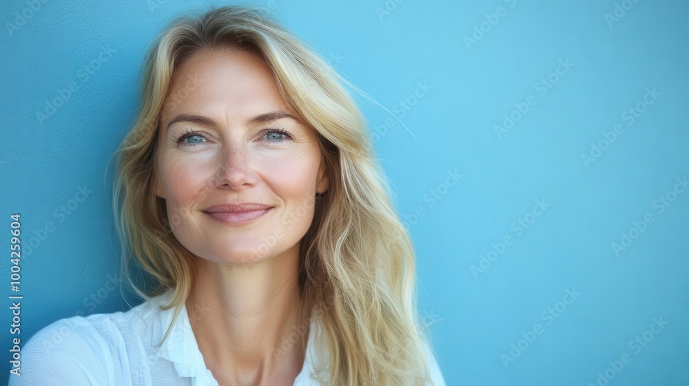 smiling blonde woman confident 40-50 year old female portrait on blue background, stock photography smiling blonde woman confident 40-50 year old female portrait on blue background, stock photography