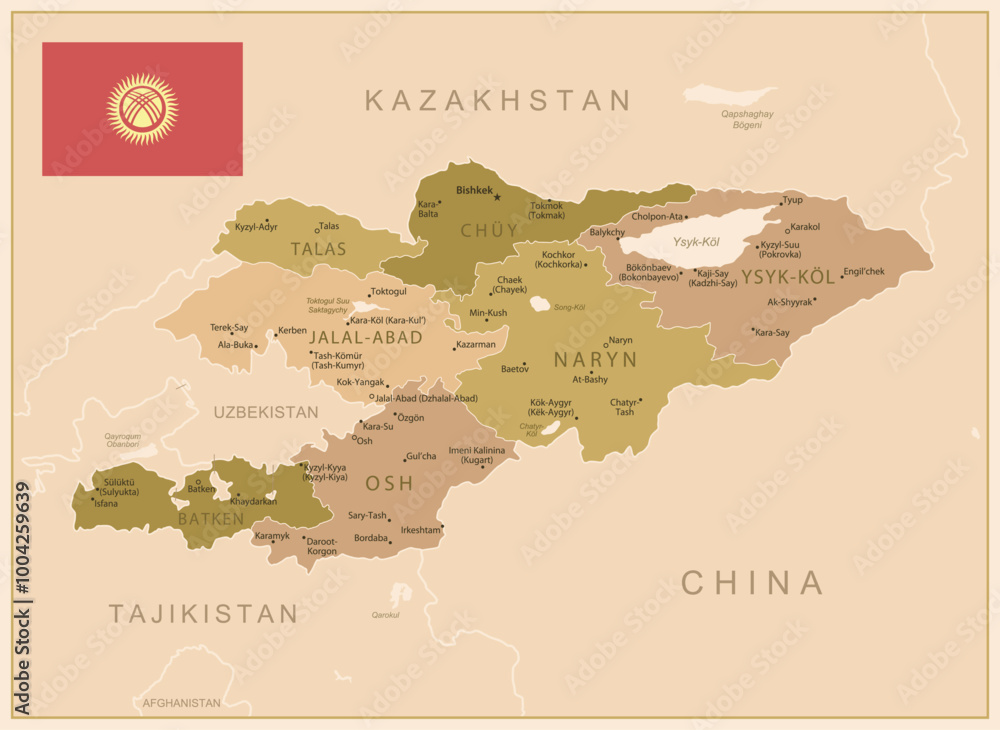Obraz premium Kyrgyzstan - detailed map of the country in brown colors, divided into regions. Vector illustration