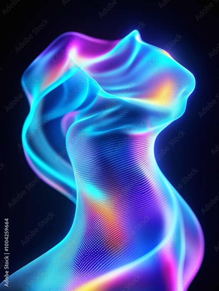 Abstract colorful light waves creating dynamic motion against a dark background. A minimalist poster in metallic and chrome gradient style. Abstract colorful light waves creating dynamic motion against a dark background. A minimalist poster in metallic and chrome gradient style.
