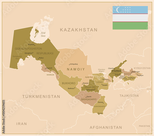 Uzbekistan - detailed map of the country in brown colors, divided into regions. Vector illustration