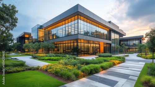 modern commercial building showcasing innovative business landscaping sleek lines and green spaces harmoniously integrated into the industrial park setting