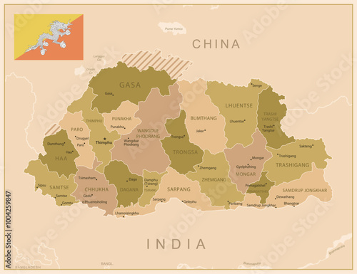 Bhutan - detailed map of the country in brown colors, divided into regions. Vector illustration