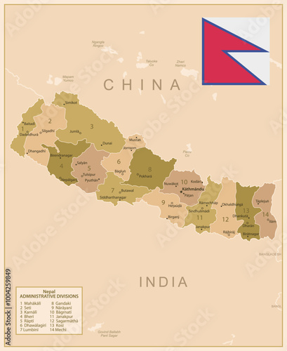 Nepal - detailed map of the country in brown colors, divided into regions. Vector illustration