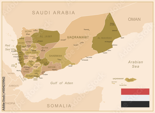 Yemen - detailed map of the country in brown colors, divided into regions. Vector illustration