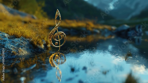 Golden treble clef standing by a serene mountain stream. photo