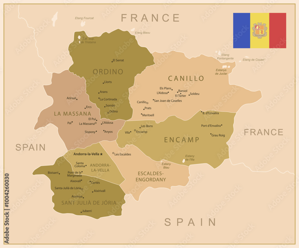 Naklejka premium Andorra - detailed map of the country in brown colors, divided into regions. Vector illustration