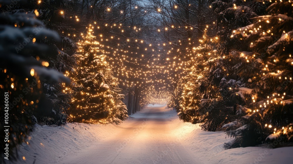 snowy winter forest road lined with christmas trees and glowing garland lights, holiday backdrop snowy winter forest road lined with christmas trees and glowing garland lights, holiday backdrop