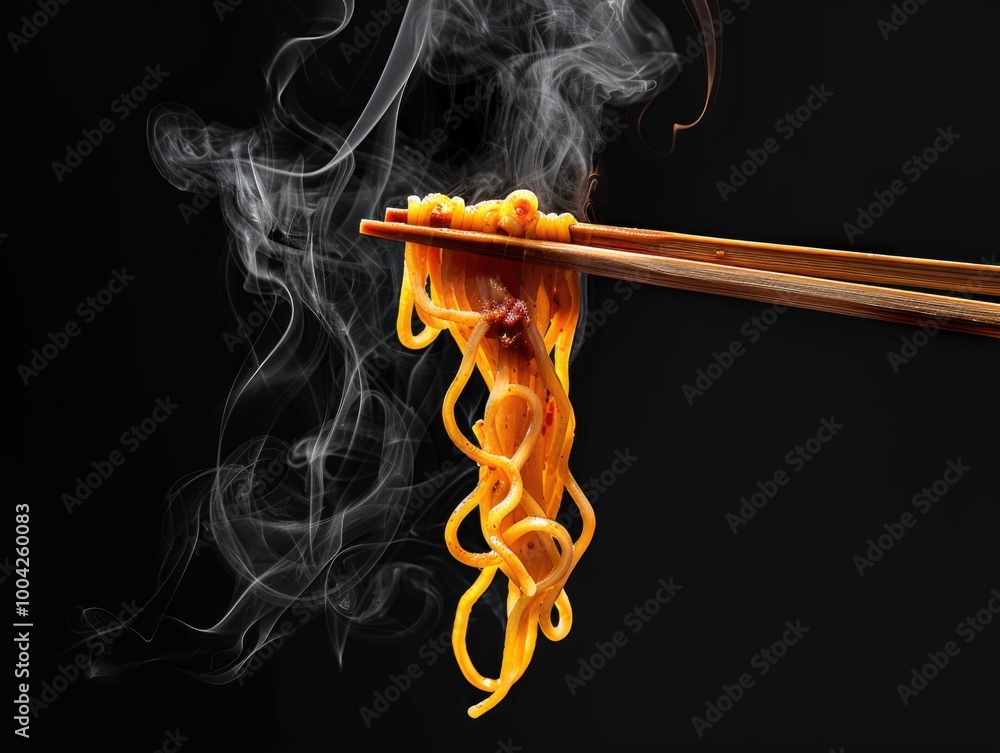 Close-up of cooked lo mein noodles being scooped onto chopsticks. Close-up of cooked lo mein noodles being scooped onto chopsticks.