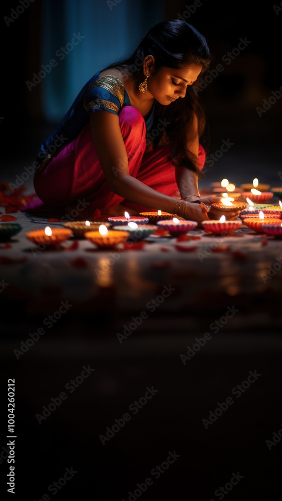 close up shot of Indian woman hand lighting diyas on Rangoli decorations on floor in Diwali festival. close up shot of Indian woman hand lighting diyas on Rangoli decorations on floor in Diwali festival.
