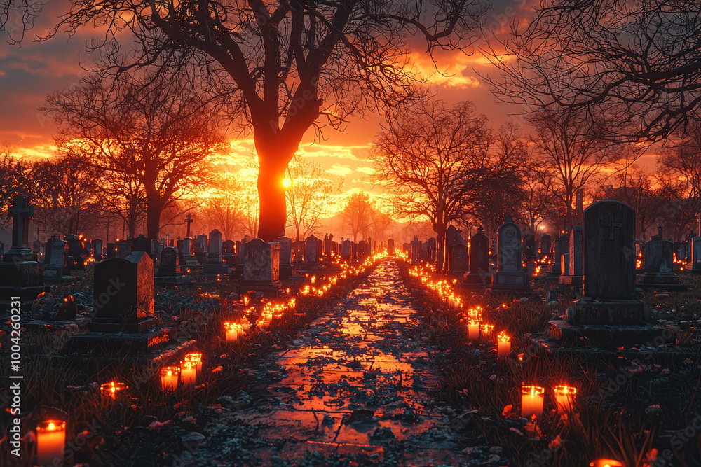 Obraz premium A cemetery at dusk, with gravestones bathed in the warm glow of candles, as families come to honor their dead.