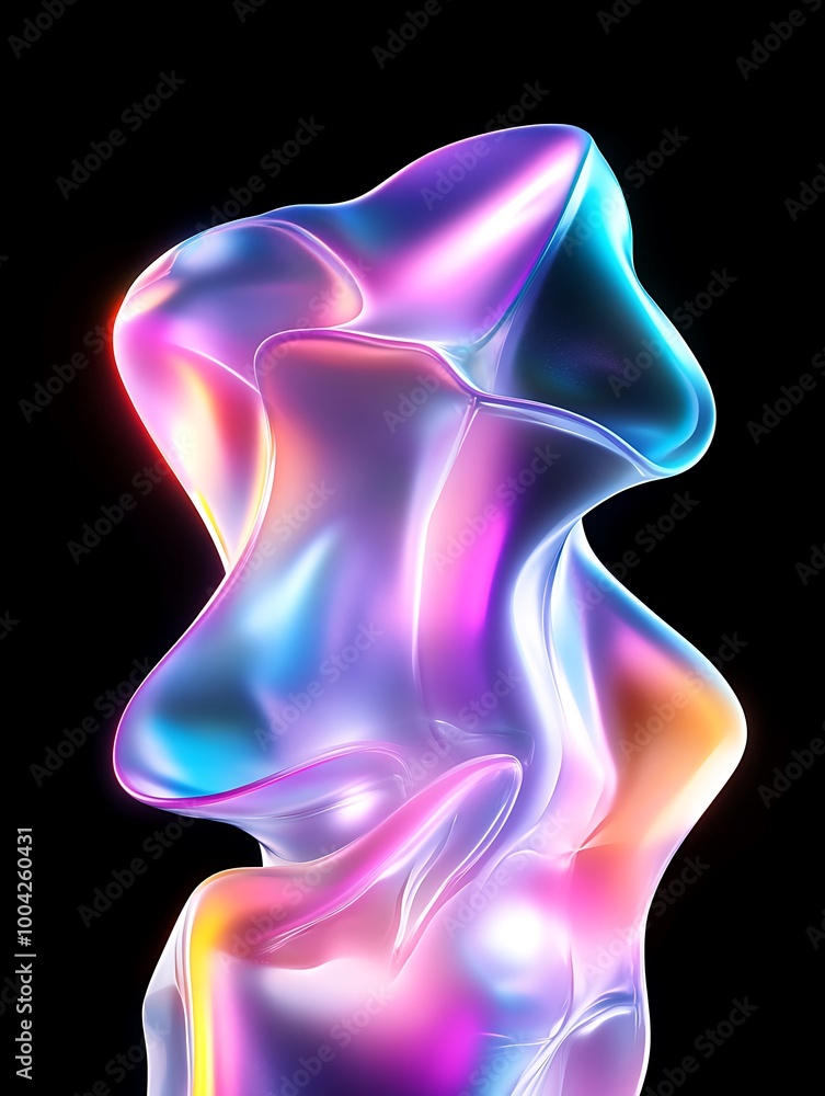 Abstract colorful sculpture design with smooth curves, highlighting vibrant light reflections on a black background. A minimalist poster in metallic and chrome gradient style. Abstract colorful sculpture design with smooth curves, highlighting vibrant light reflections on a black background. A minimalist poster in metallic and chrome gradient style.