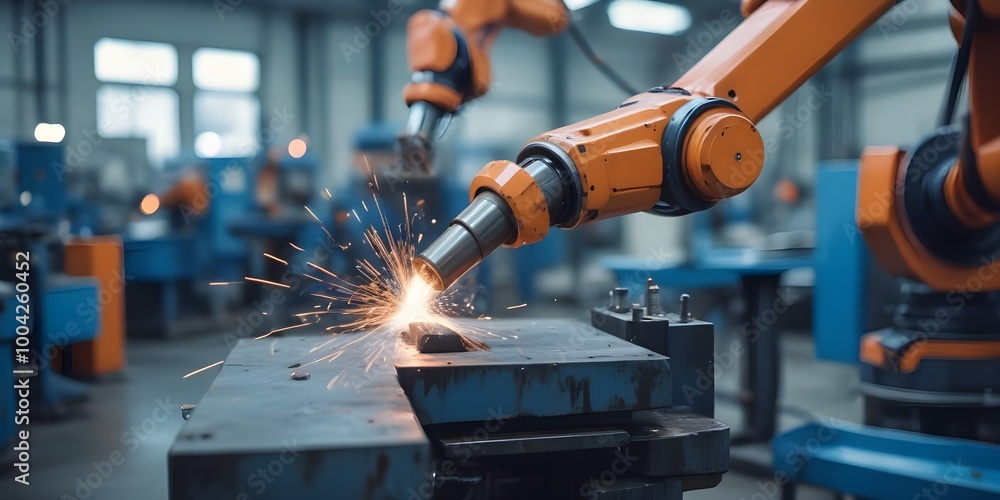 An industrial robotic arm welding metal parts in a factory, with sparks flying and a blurred background An industrial robotic arm welding metal parts in a factory, with sparks flying and a blurred background