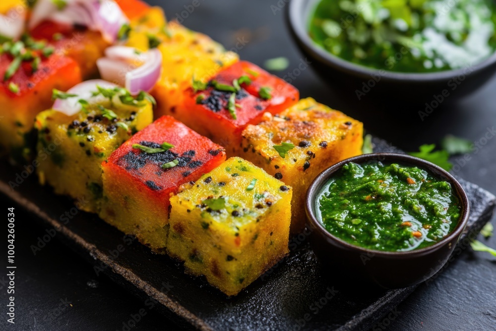 A vibrant, colorful ethnic dish composed of cubed vegetables arranged on a black tray. Accompanied by bowls of spices and sauces ready to be used. A vibrant, colorful ethnic dish composed of cubed vegetables arranged on a black tray. Accompanied by bowls of spices and sauces ready to be used.