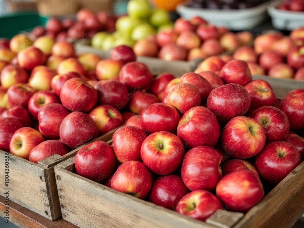 Wooden crates filled with fresh red apples on display at a local market stall, surrounded by various colorful fruits, representing organic produce and farm-fresh goods Wooden crates filled with fresh red apples on display at a local market stall, surrounded by various colorful fruits, representing organic produce and farm-fresh goods