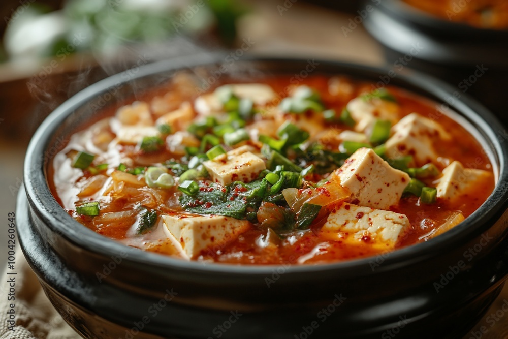 A bowl of steaming kimchi jjigae with tofu, kimchi, and scallions. A bowl of steaming kimchi jjigae with tofu, kimchi, and scallions.