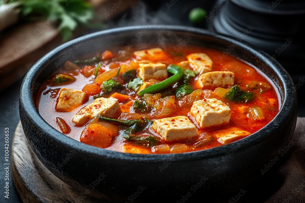 A bowl of steaming Korean kimchi jjigae with tofu, vegetables, and a chili pepper. A bowl of steaming Korean kimchi jjigae with tofu, vegetables, and a chili pepper.
