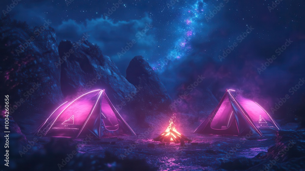 Camping under the stars with glowing neon tents and holographic campfire tools Futuristic Neon High Detail Camping under the stars with glowing neon tents and holographic campfire tools Futuristic Neon High Detail