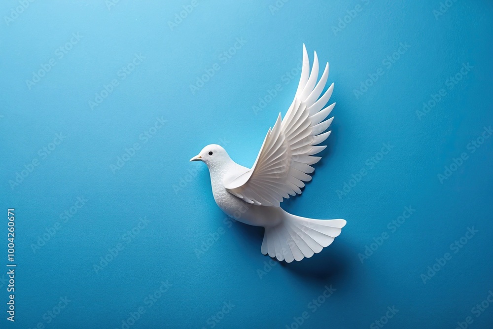 Obraz premium paper white dove with green leaves on a blue background macro