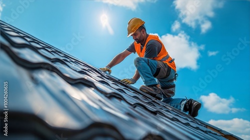 Construction worker on roof installing metal sheets in bright sunny weather