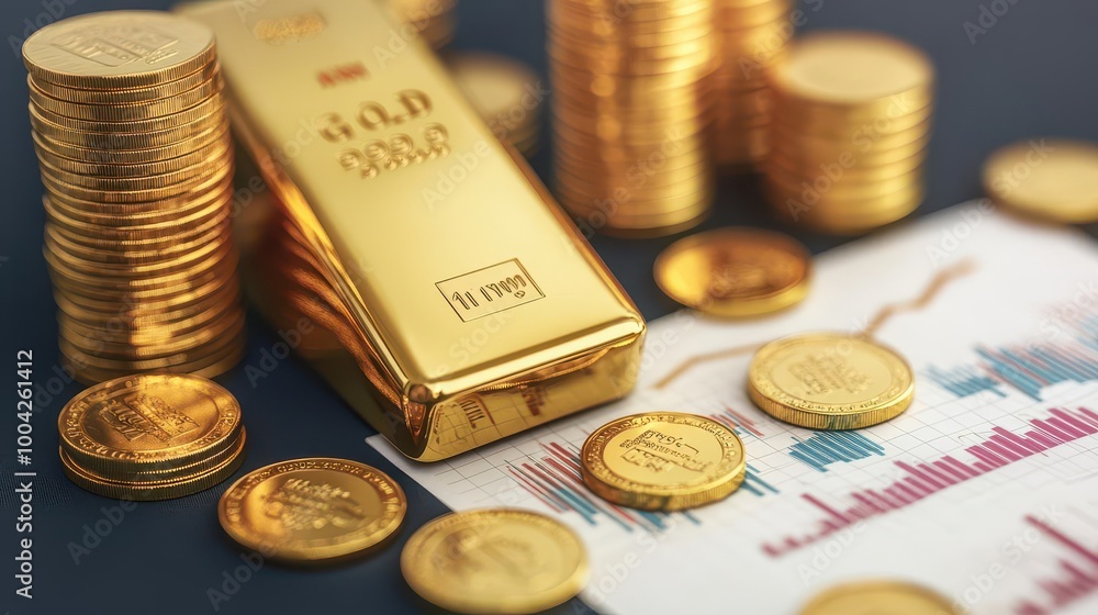 A close-up of gold bars and coins on a financial chart, symbolizing wealth and investment in precious metals. A close-up of gold bars and coins on a financial chart, symbolizing wealth and investment in precious metals.