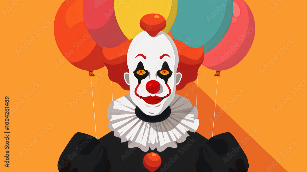 Fototapeta premium Creepy Clown with Balloons in Eerie Setting, unsettling character in a dark atmosphere, flat design captures a whimsical yet haunting theme, evokes feelings of unease and curiosity