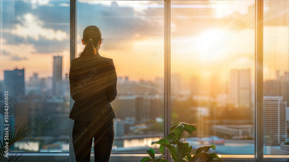 Fototapeta premium Businesswoman observing sunrise in modern office with cityscape view