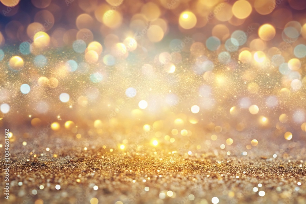 Pastel colored background with bokeh lights and golden glitter particles Pastel colored background with bokeh lights and golden glitter particles