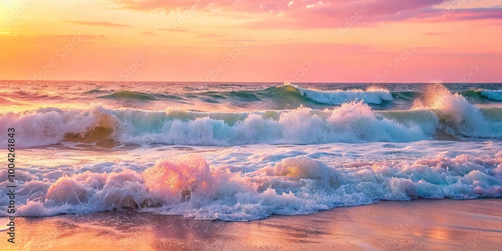 Pastel colored dreamy sea vertical landscape with pink ocean waves and white foam at sunset Pastel colored dreamy sea vertical landscape with pink ocean waves and white foam at sunset