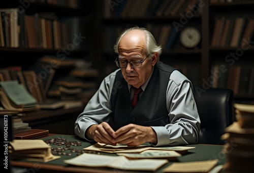 Old-Fashioned Accountant Counting Coins in a Dimly Lit Office