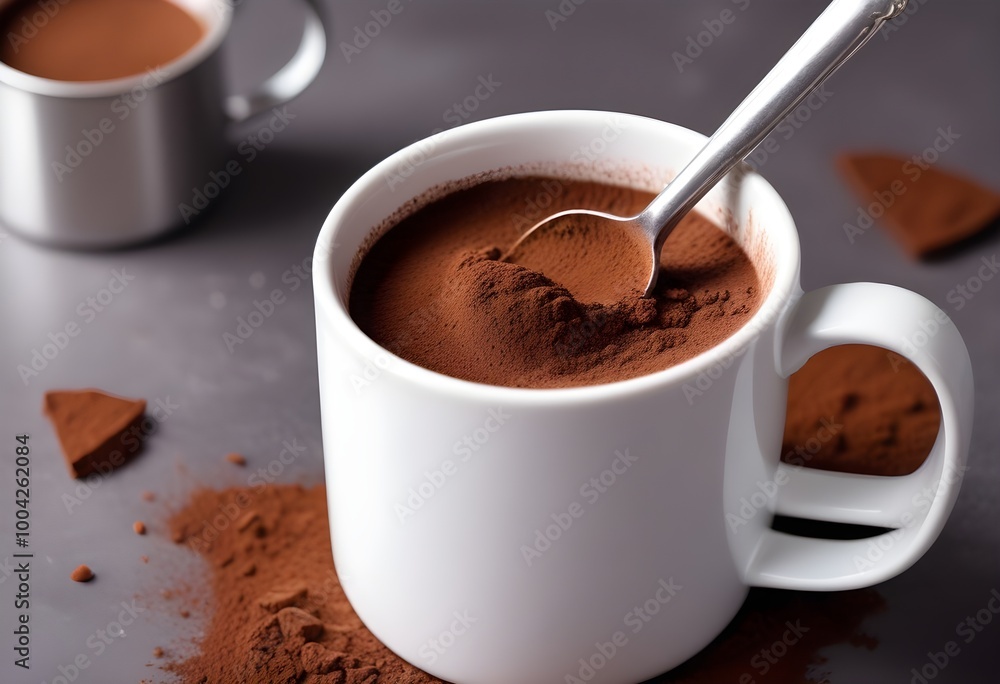 A ceramic mug filled with dark brown cocoa powder , with a metal spoon dipped into the powder A ceramic mug filled with dark brown cocoa powder , with a metal spoon dipped into the powder