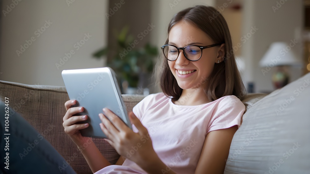 Happy teen girl holding pad computer gadget using digital tablet technology sitting on the couch at home. Smiling young woman using apps, shopping online, reading news, browsing internet on sofa Happy teen girl holding pad computer gadget using digital tablet technology sitting on the couch at home. Smiling young woman using apps, shopping online, reading news, browsing internet on sofa