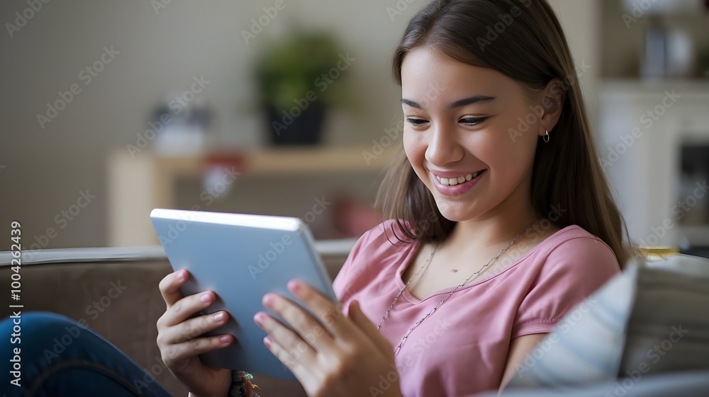 Happy teen girl holding pad computer gadget using digital tablet technology sitting on the couch at home. Smiling young woman using apps, shopping online, reading news, browsing internet on sofa Happy teen girl holding pad computer gadget using digital tablet technology sitting on the couch at home. Smiling young woman using apps, shopping online, reading news, browsing internet on sofa