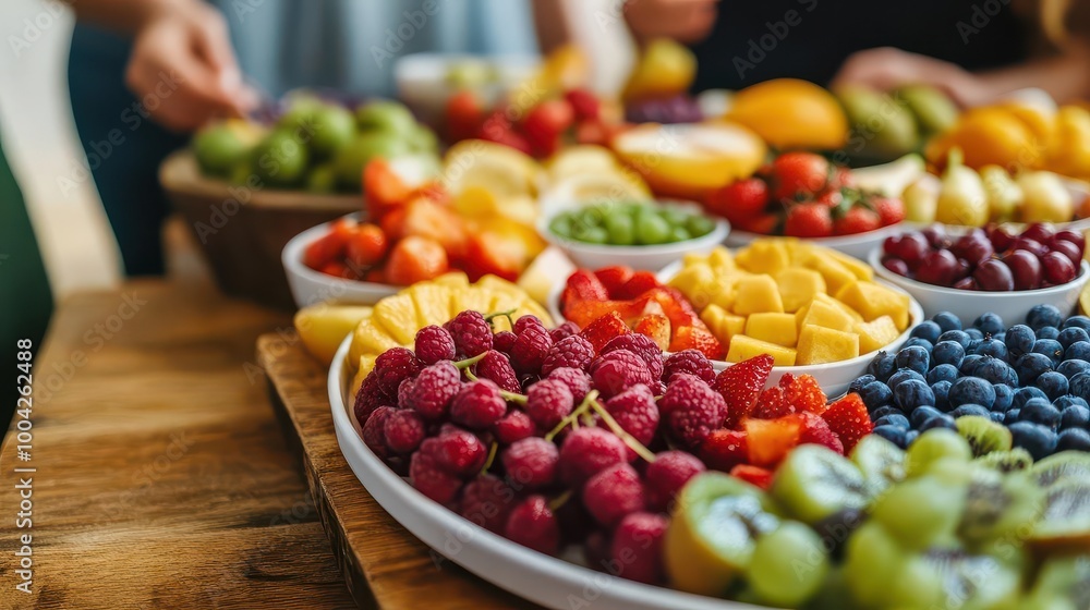 A vibrant display of assorted fruits on a wooden table, perfect for healthy eating and catering events. A vibrant display of assorted fruits on a wooden table, perfect for healthy eating and catering events.