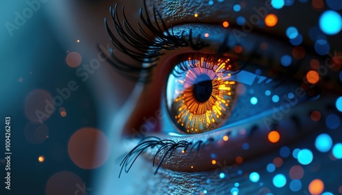 Un œil perçant, en gros plan, exhibe une pupille magnifiquement détaillée, presque iridescente. Sous l'influence de la matrice, l'aspect de cet œil devient une véritable œuvre d'art lumineuse.