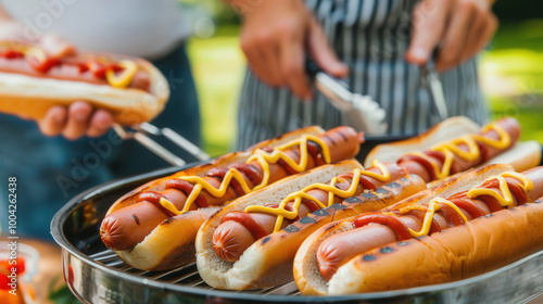 Backyard Hotdog Cook-Off, friends gather for a spirited culinary challenge, grilling and tasting various hotdog creations, laughter and joy fill the air during this fun-filled day. photo