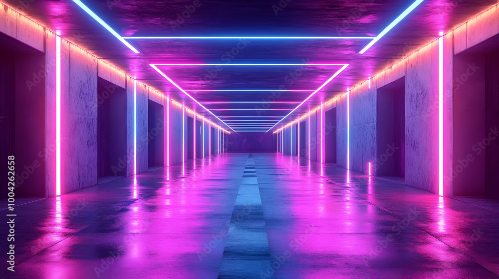 3D Neon Lights in a Hallway - Abstract Background 3D Neon Lights in a Hallway - Abstract Background